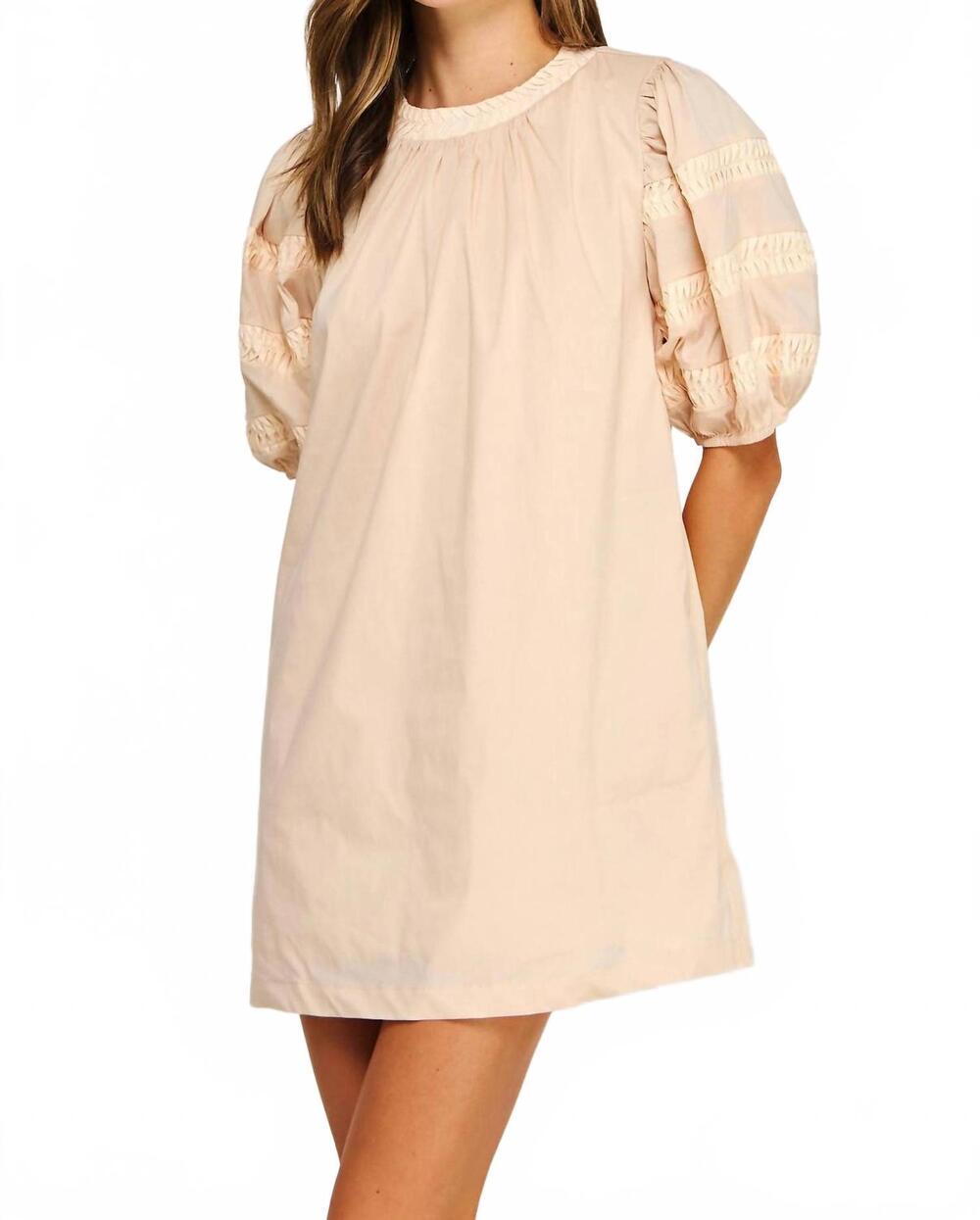 NEW STRUT & BOLT reverse pintuck puff sleeve mini dress in almond/ecru